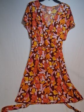 Nine West Brown Floral Midi Wrap Dress with Pink, Orange & Yellow Accents